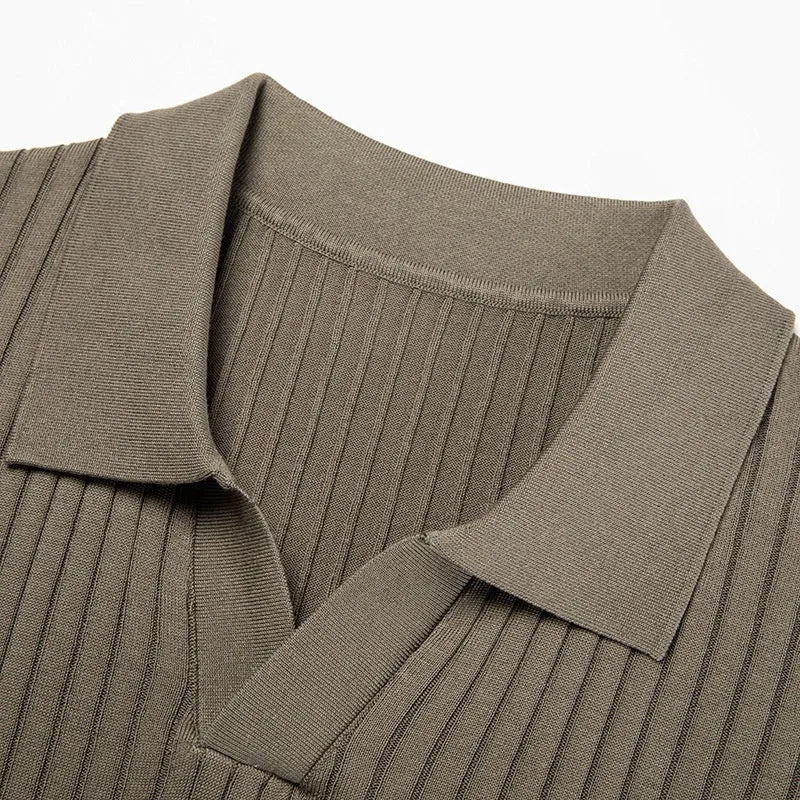 Men's striped Mulberry Silk T-shirt with a lapel collar in a selection of colours.