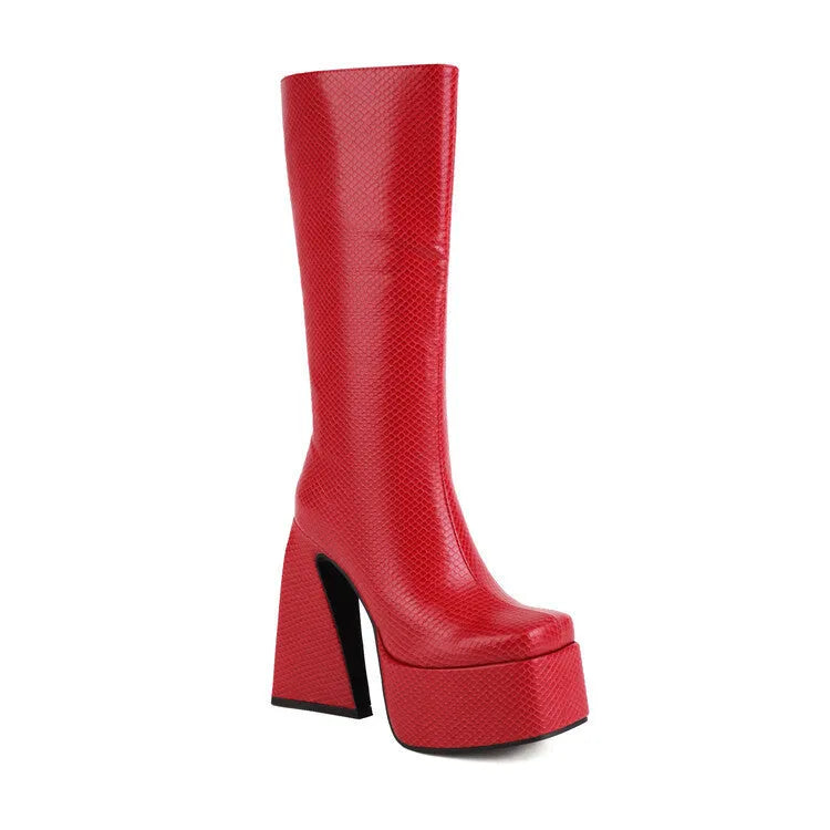 Women's casual high boots in black, red, blue and white colours with PU upper, European sizes 34-43