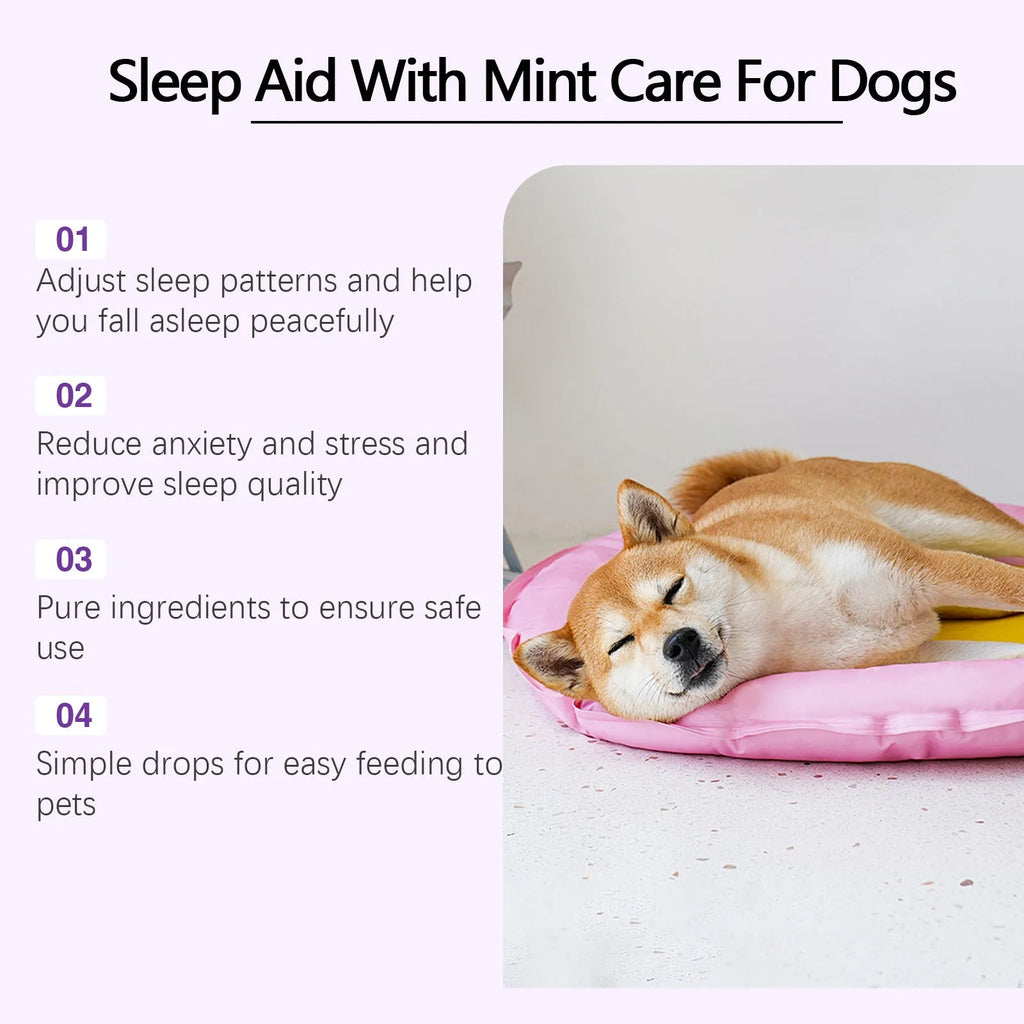 60ml bottle of dog sleep drops with mint extract for canine relaxation support