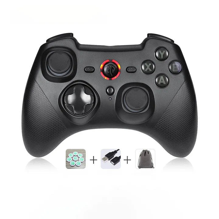 Dual mode wireless game controller for PC in black, green, red, or white colours.