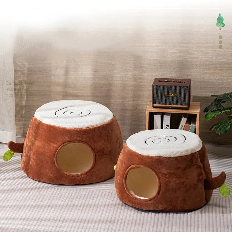 Four season transformable double-layer tree stump cat nest with cat door, in size M, plush material, for indoor cats