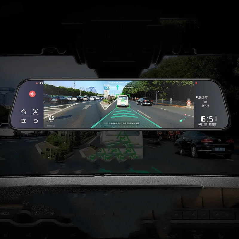 12-inch rearview mirror tachograph with touch screen display showing GPS navigation map