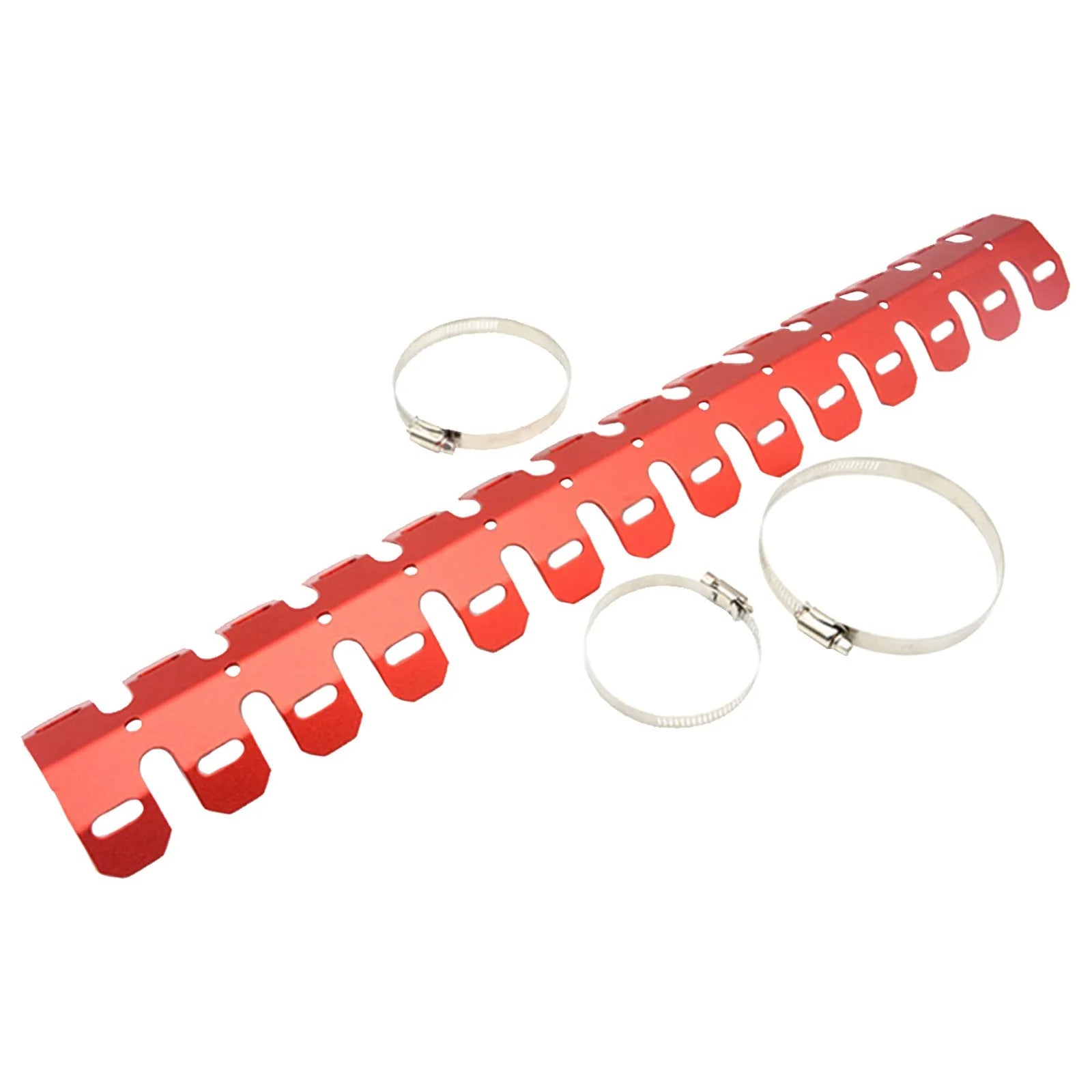 Aluminium alloy motorcycle exhaust heat shield 60cm long in red with cable tie and buckle fittings