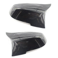 Pair of paint bright black horn-style BMW rearview mirror shells for F30 3 Series.