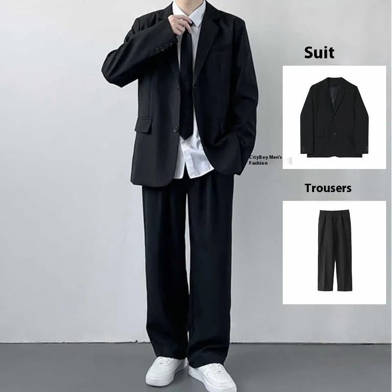 Men's plus size college-style suit jacket and trousers set in charcoal grey