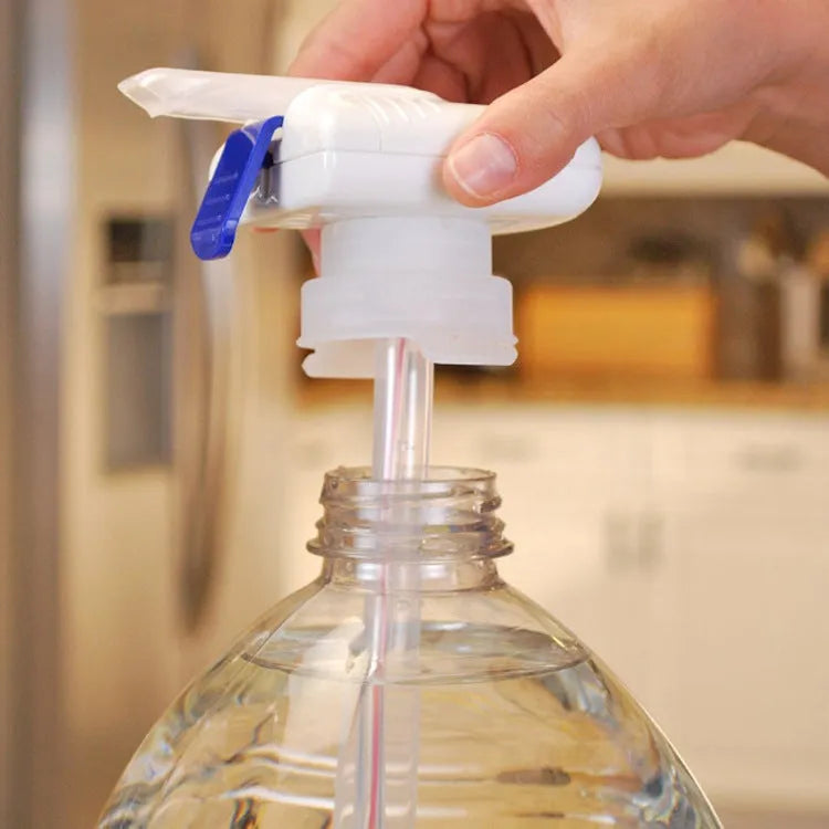 Electric beverage pumping device with a long silicone straw, shown with blue and white handle options.