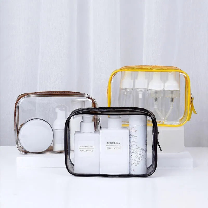 Transparent PVC makeup bag in black, pink or white colours with customisable logo option
