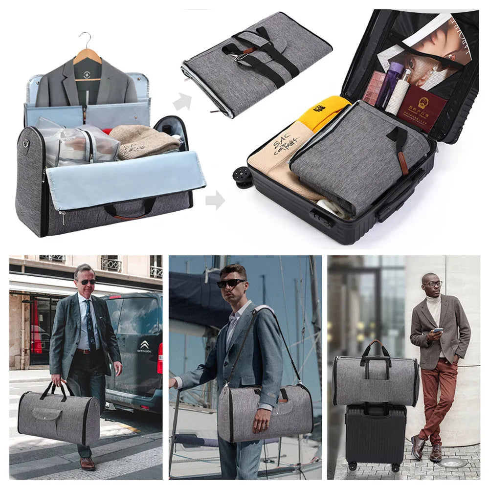 Folding travel duffel bag in dark blue with Oxford cloth construction and 36-55L capacity