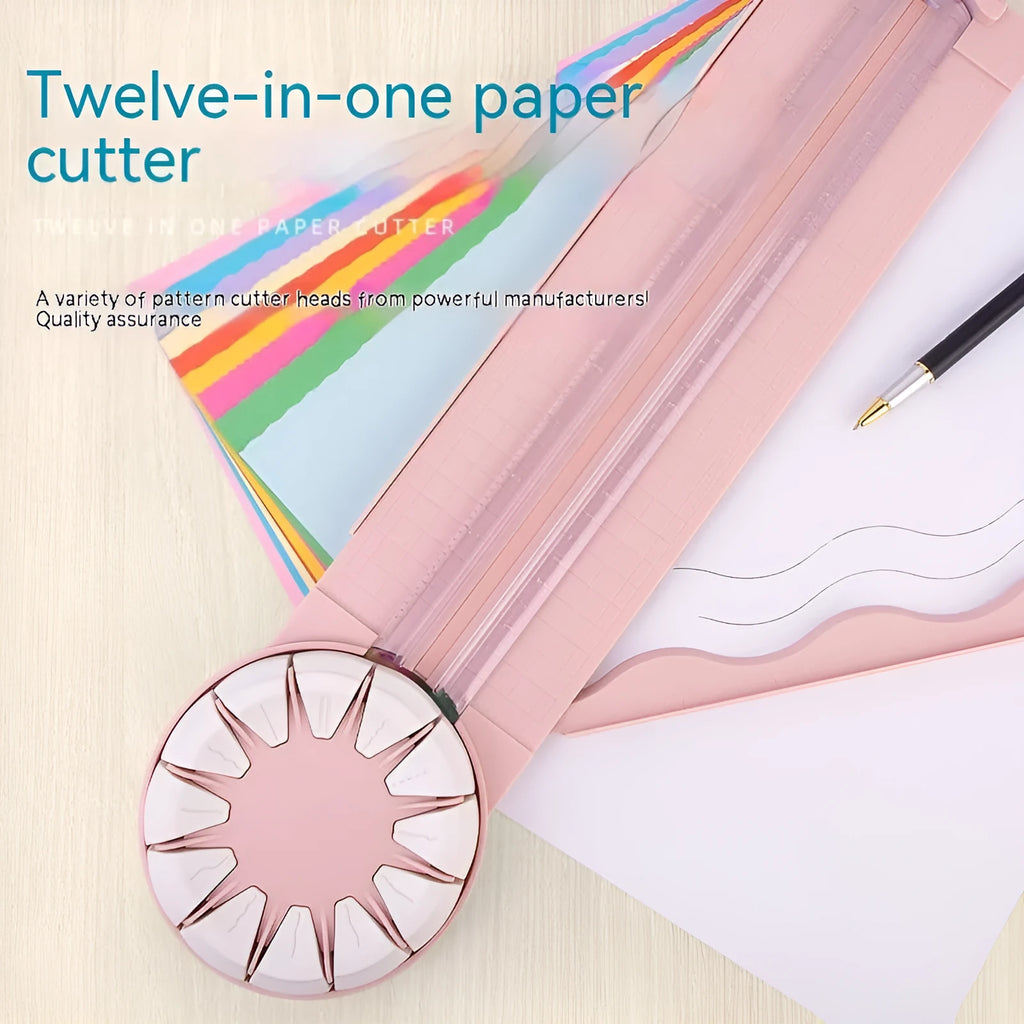 Pink and black multifunctional 12-in-1 dotted plastic paper cutter machine for crafts.