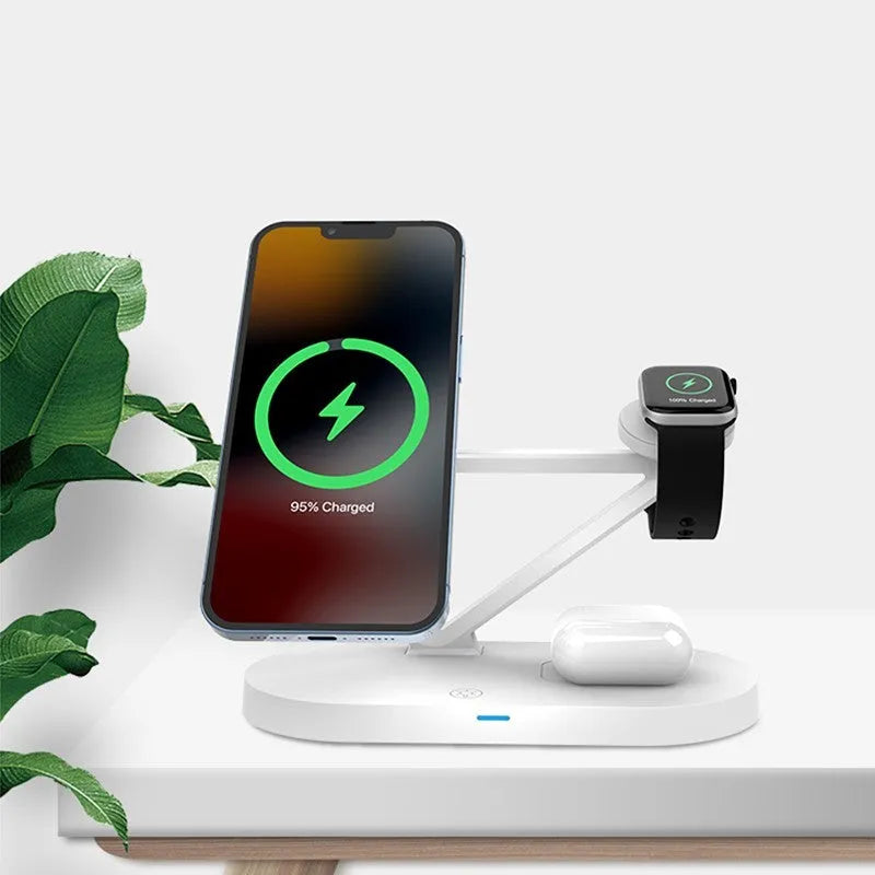 Black and white 3-in-1 wireless charging station for Apple Watch, AirPods and mobile phone.