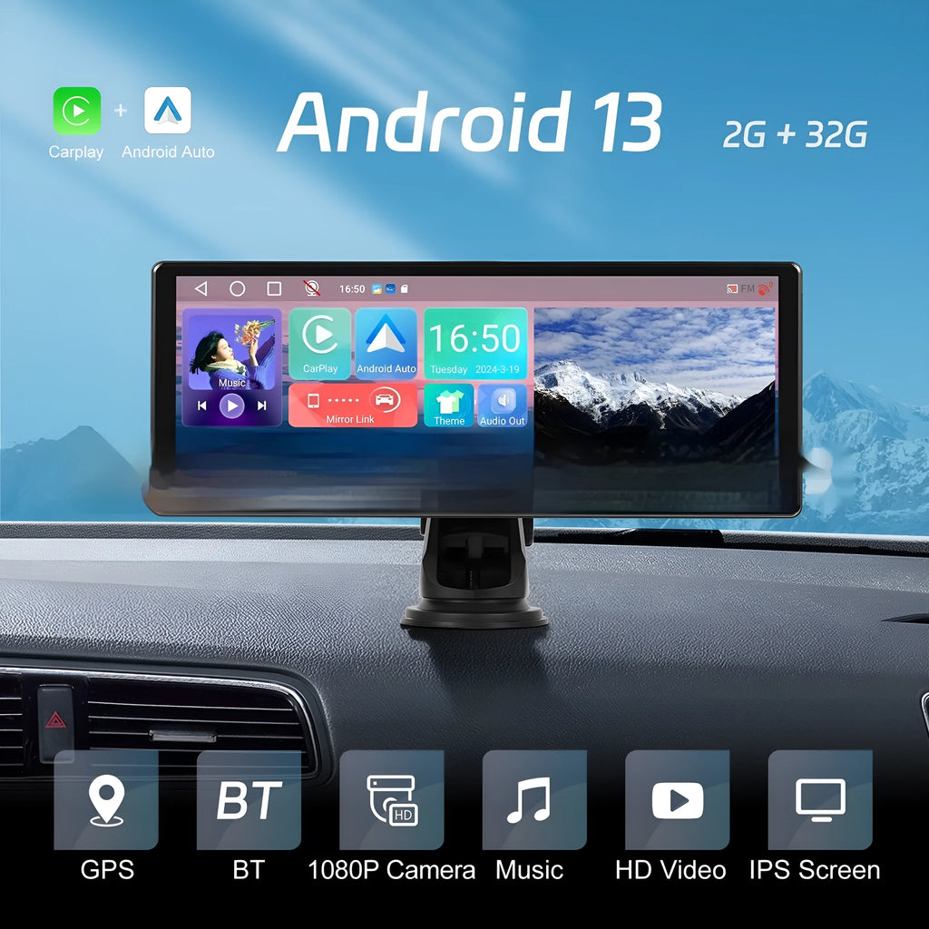 11.3-inch Android car touch screen display with wireless CarPlay and Android Auto on vehicle dashboard