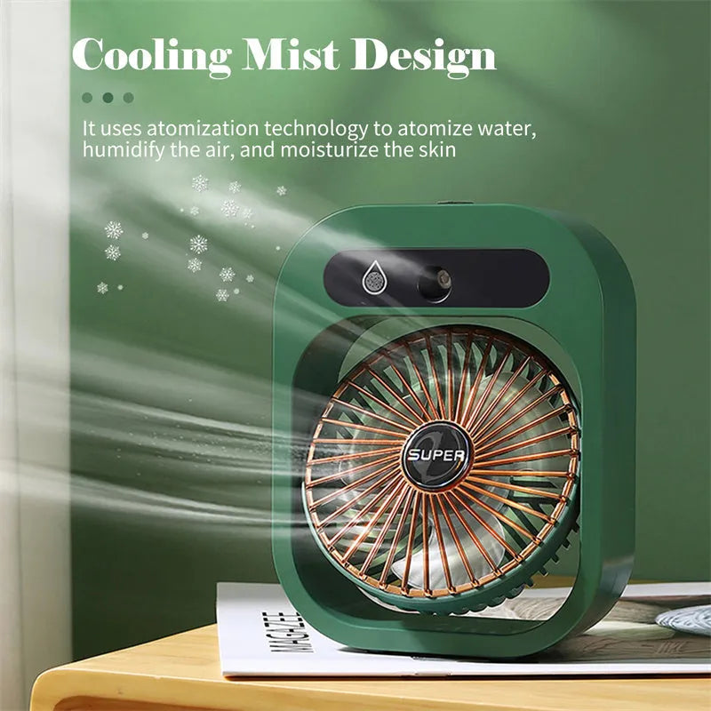 Green and white portable USB misting fan with water tank and adjustable vents