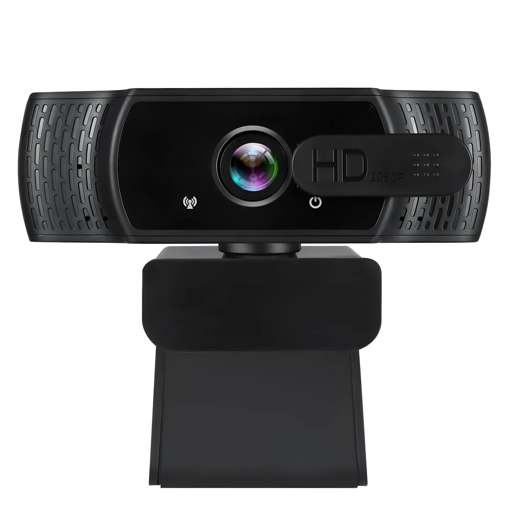 Black USB webcam with microphone and universal clip for laptop or monitor mounting