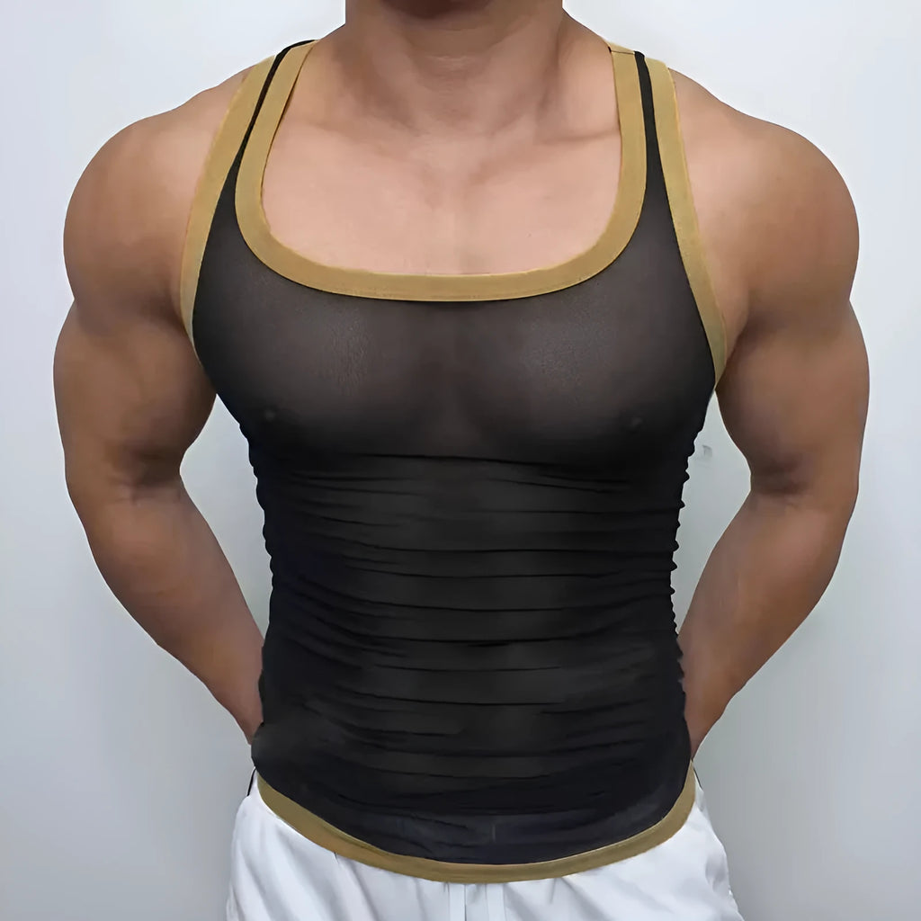 Men's solid-colour tight-fitting mesh vest for sports in black or white.