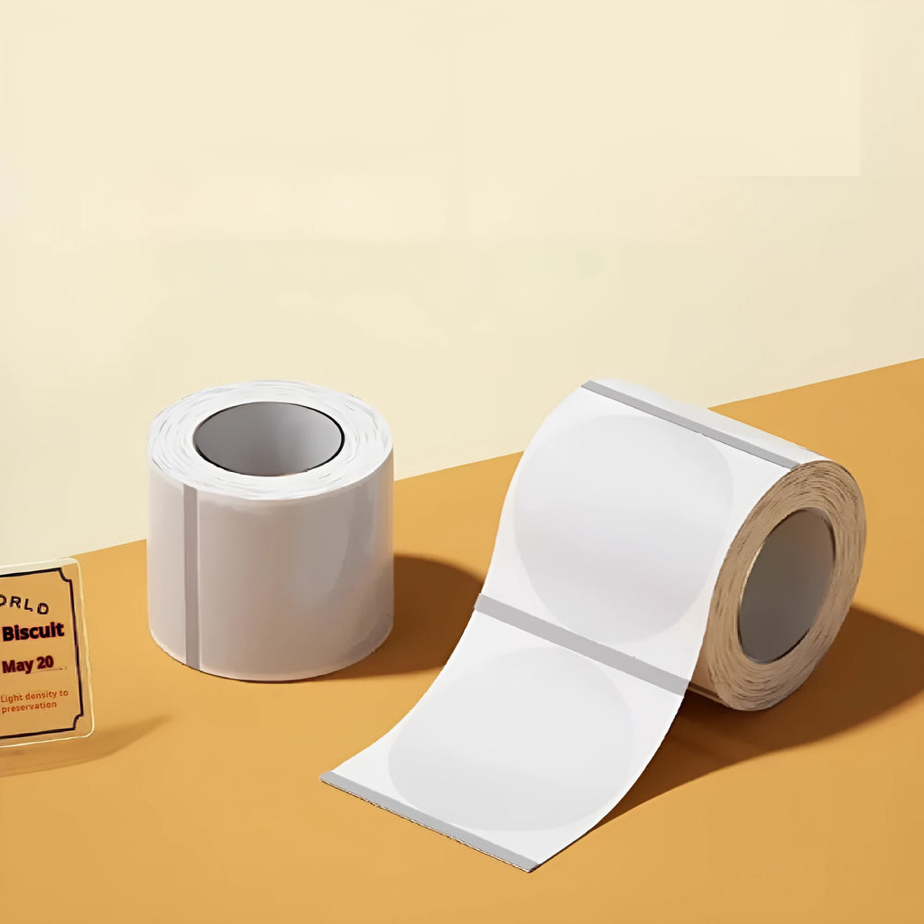 Transparent waterproof adhesive labels in multiple rectangular and circular sizes on thermal synthetic paper roll