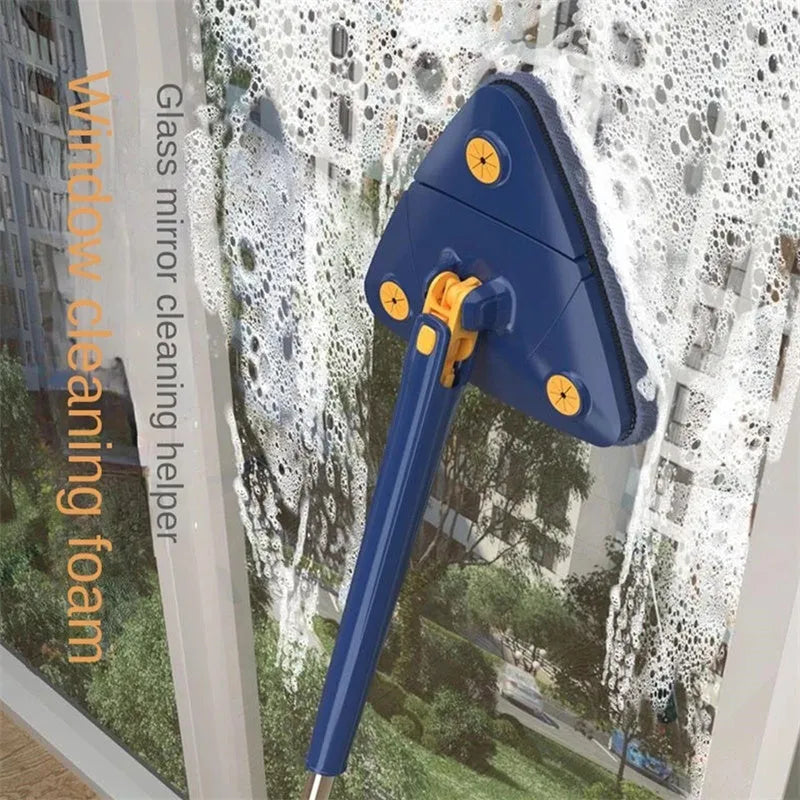 Blue extendable triangle mop with rotating head and long stainless steel pole for cleaning floors and walls