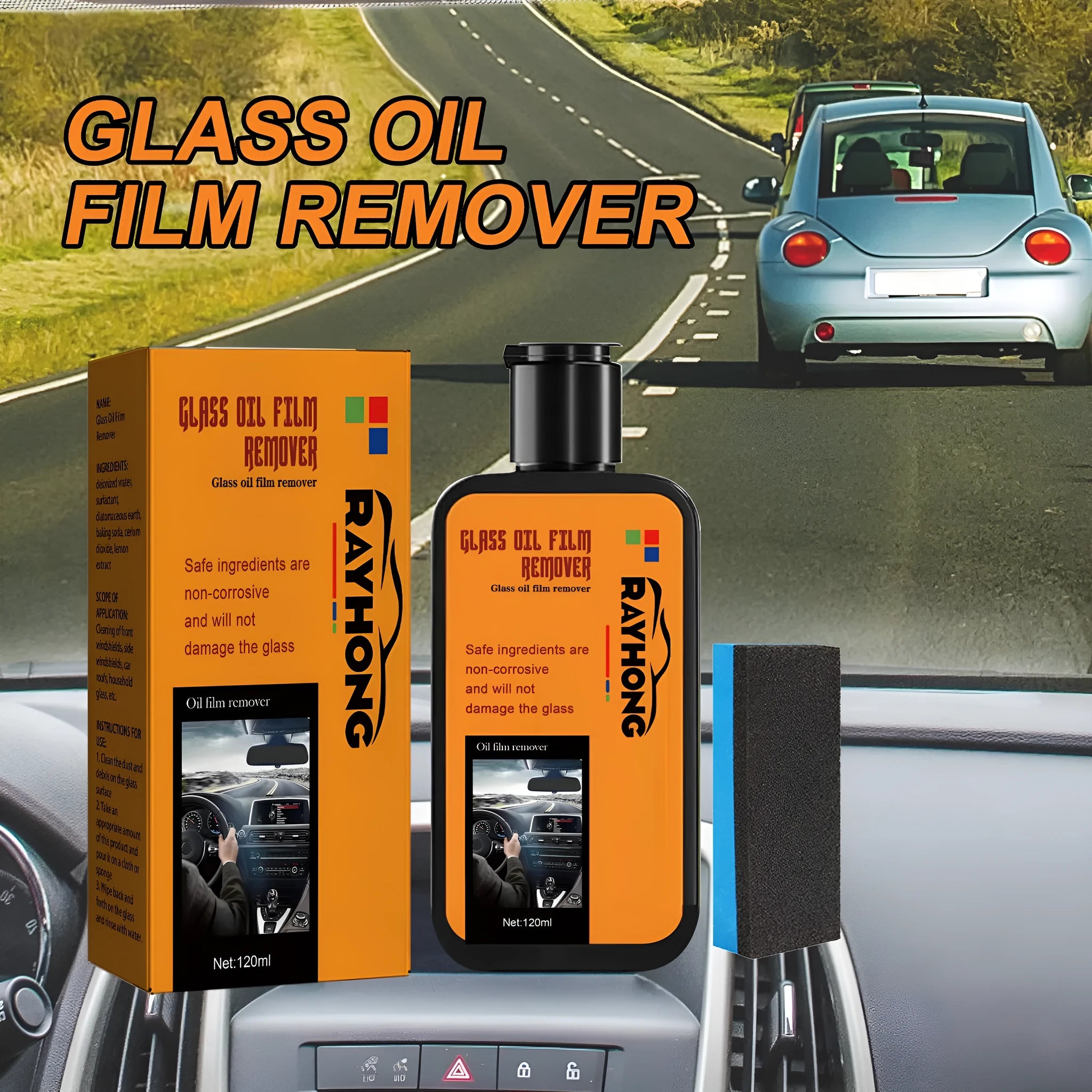 120ml glass oil film remover bottle and sponge for cleaning car window stains