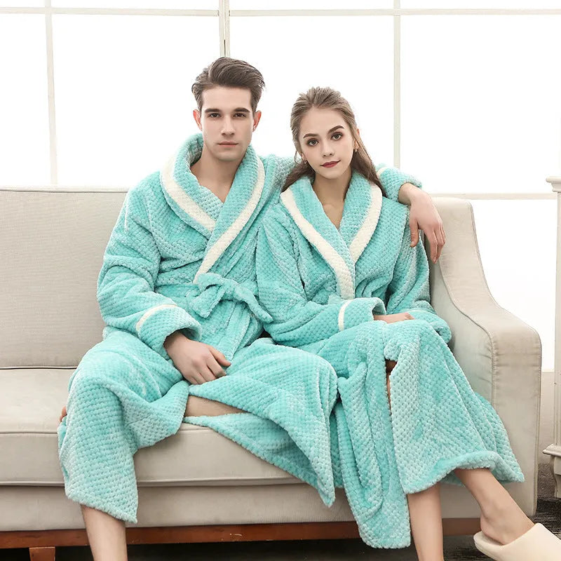 Unisex winter bathrobe thick flannel solid colour gown for couples available in black green orange red sizes M to 3XL