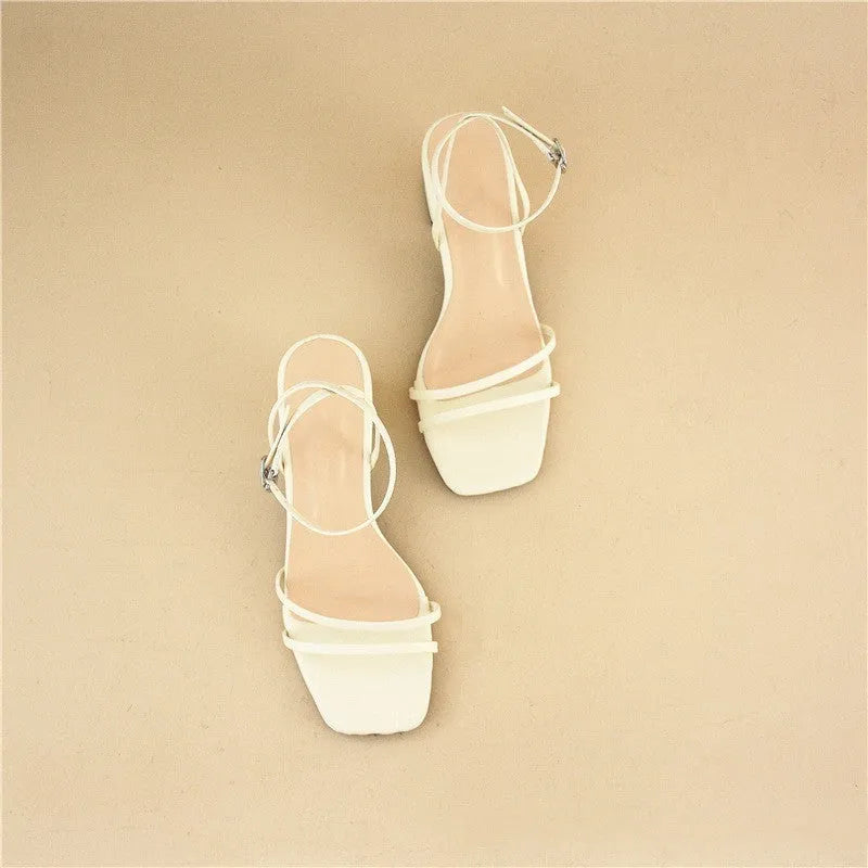 Beige women's square toe sandals with chunky stiletto heel and ankle buckle strap