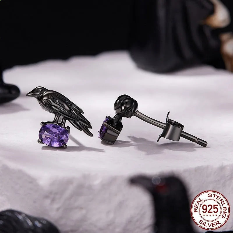 Halloween dark style crow stud earrings in S925 sterling silver with black electroplating for women