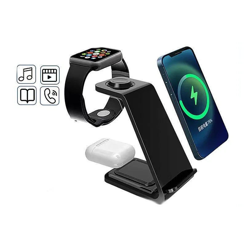 White upright wireless charging stand holding a mobile phone in landscape orientation.