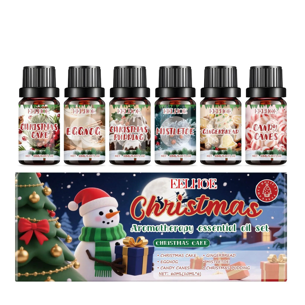 Christmas aromatherapy oil set showing six 10ml bottles with total 60ml volume for warm home fragrance