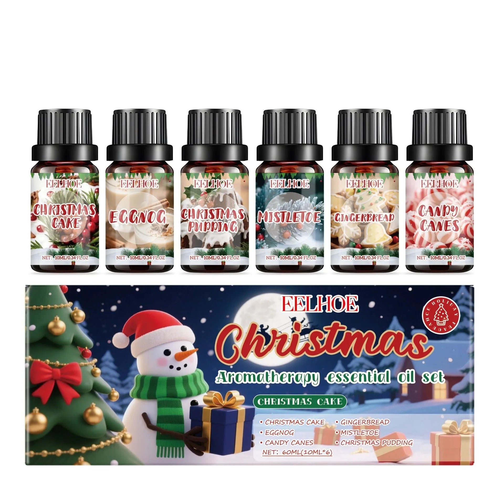 Christmas aromatherapy oil set showing six 10ml bottles with total 60ml volume for warm home fragrance
