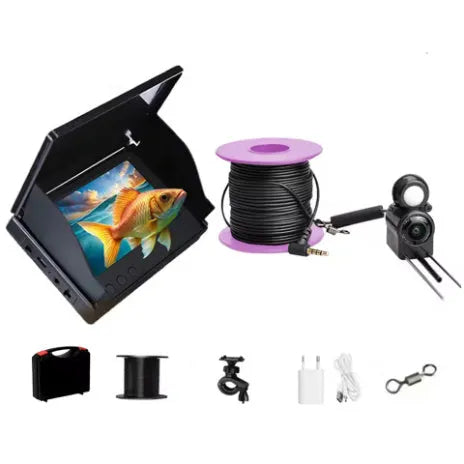 Portable fish finder underwater camera with a 4.3-inch screen, showing the camera unit with night vision LEDs.