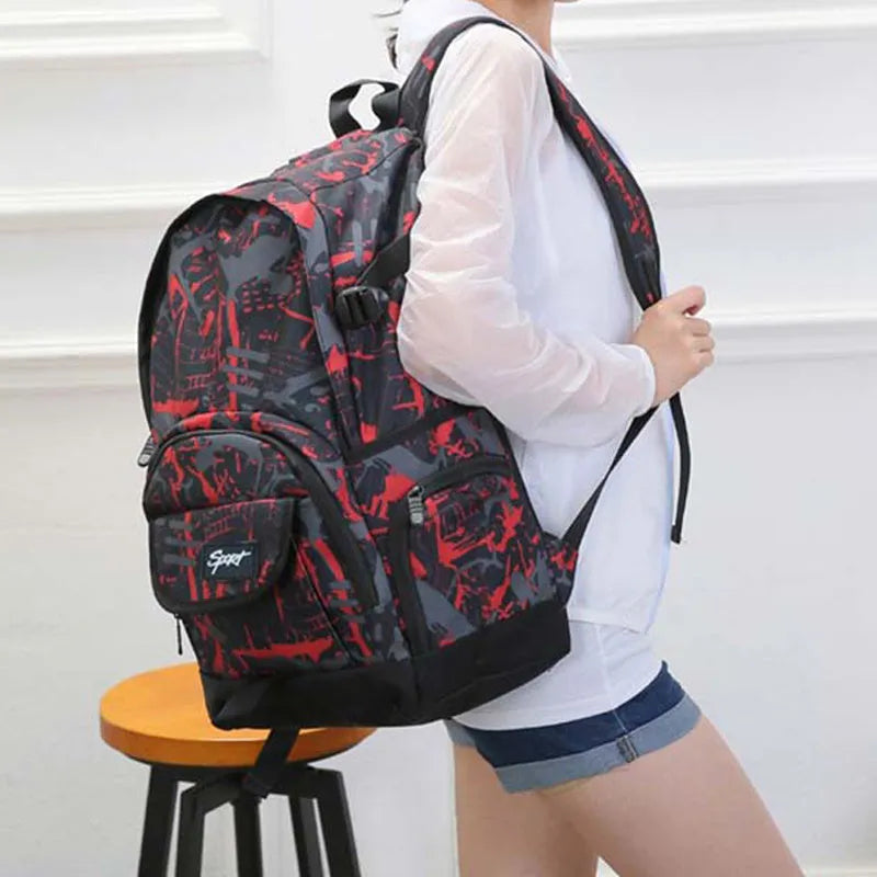 Classic large blue nylon backpack for school and travel displayed.