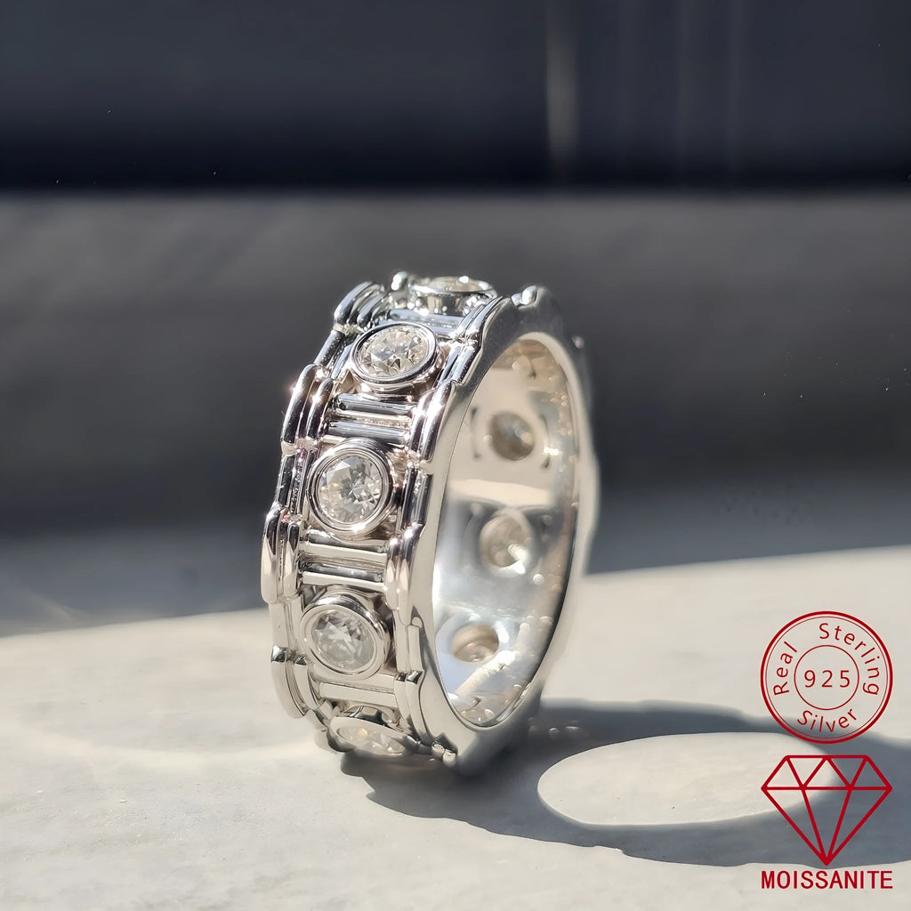 Roman column 925 silver moissanite ring with platinum finish, geometric shape, light luxury women's ring