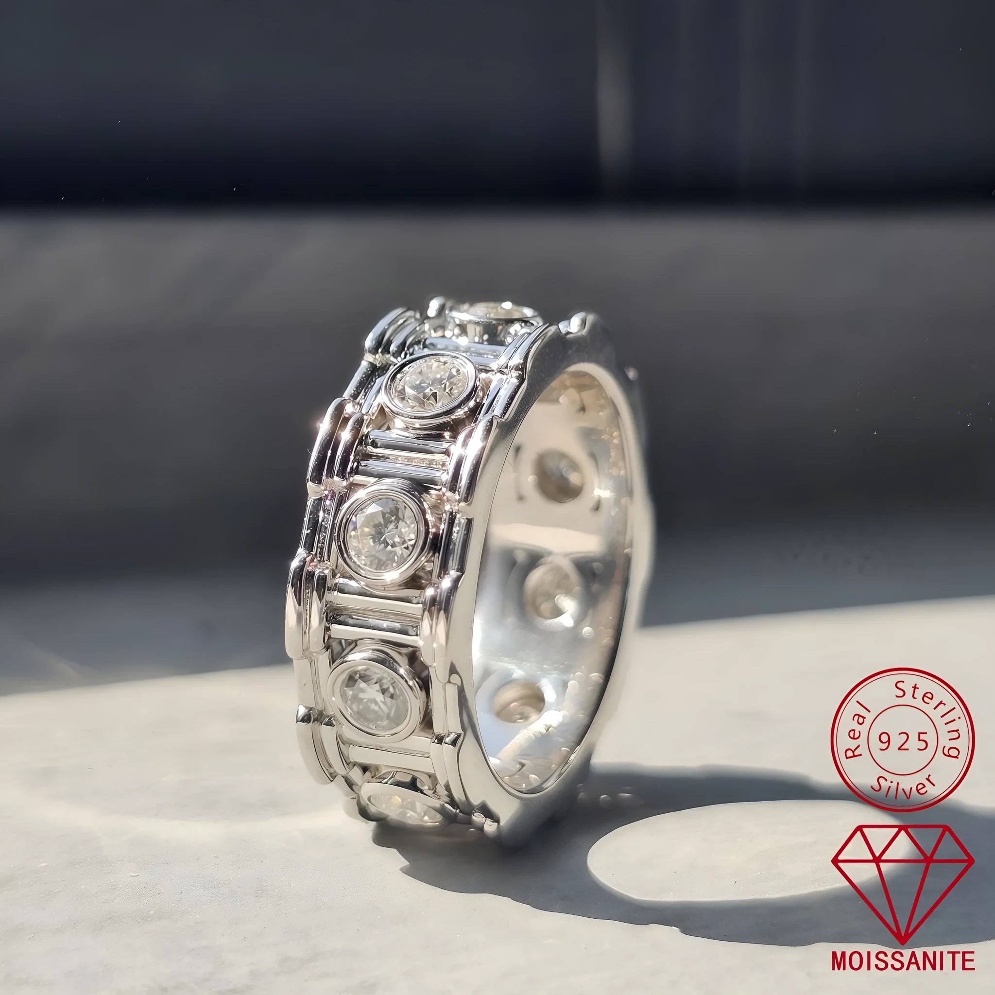 Roman column 925 silver moissanite ring with platinum finish, geometric shape, light luxury women's ring