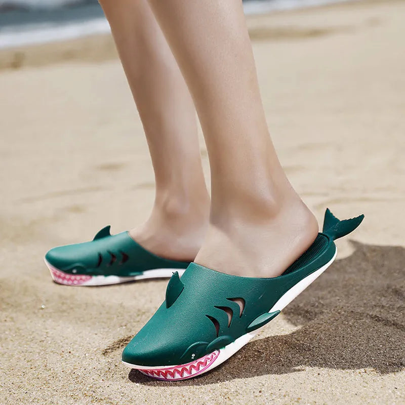 Shark slippers PVC flat slippers for women and men closed-toe design available in black blue green grey