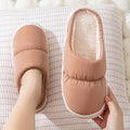 Blue down cotton slippers with artificial leather upper and thick rubber sole for indoor use