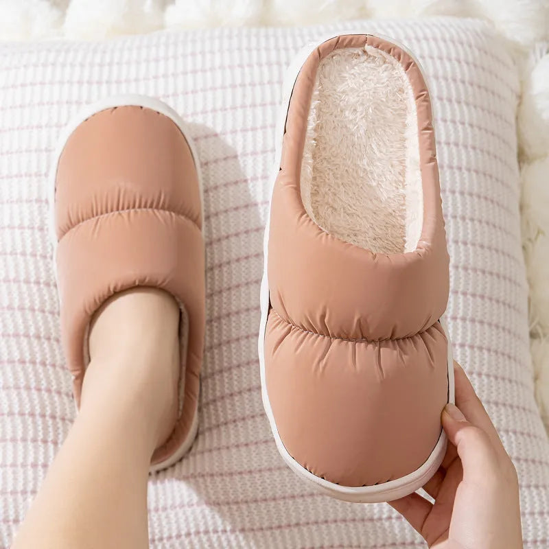 Blue down cotton slippers with artificial leather upper and thick rubber sole for indoor use