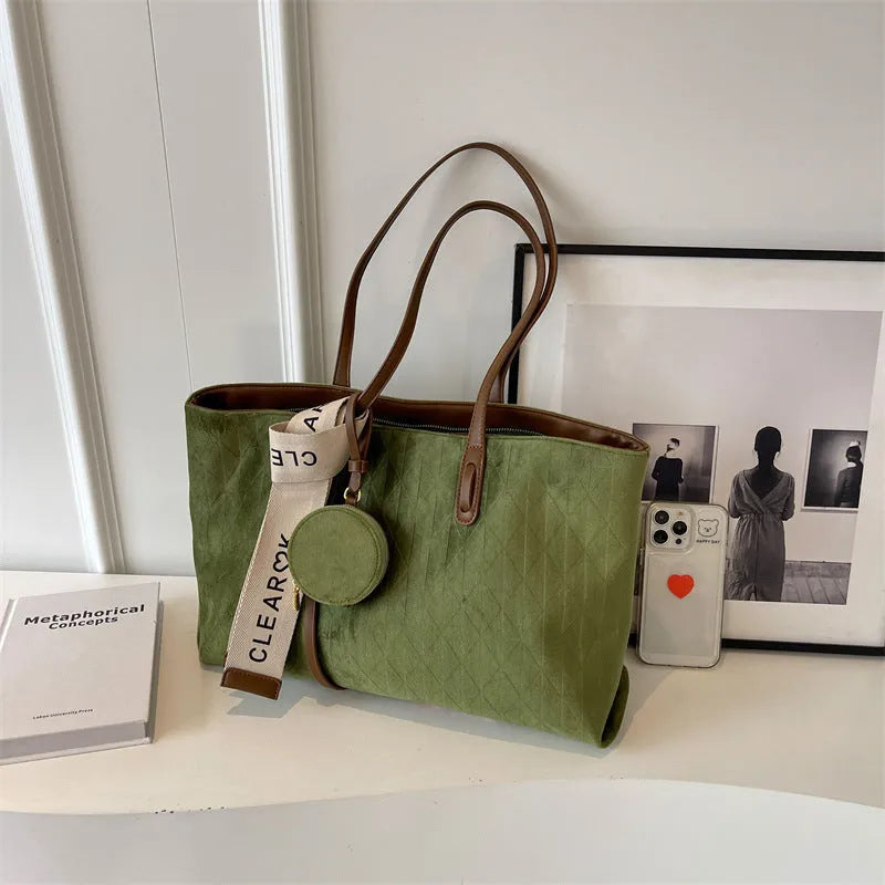 Soft polyester large capacity casual tote shoulder bag in a horizontal square shape with a zip pocket, shown in one of four colours.