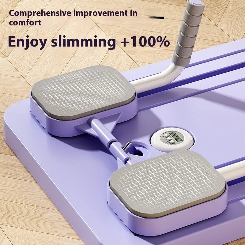 Purple multi-functional fitness board with an automatic rebound abdominal wheel for core and full-body home workouts.