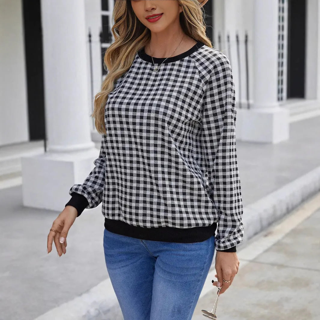 Black polyester pullover sweater with Japanese plaid printed pattern and regular long sleeves