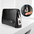 Black mens wallet with fingerprint lock, first layer cowhide, zipper closure, Type-C charging port