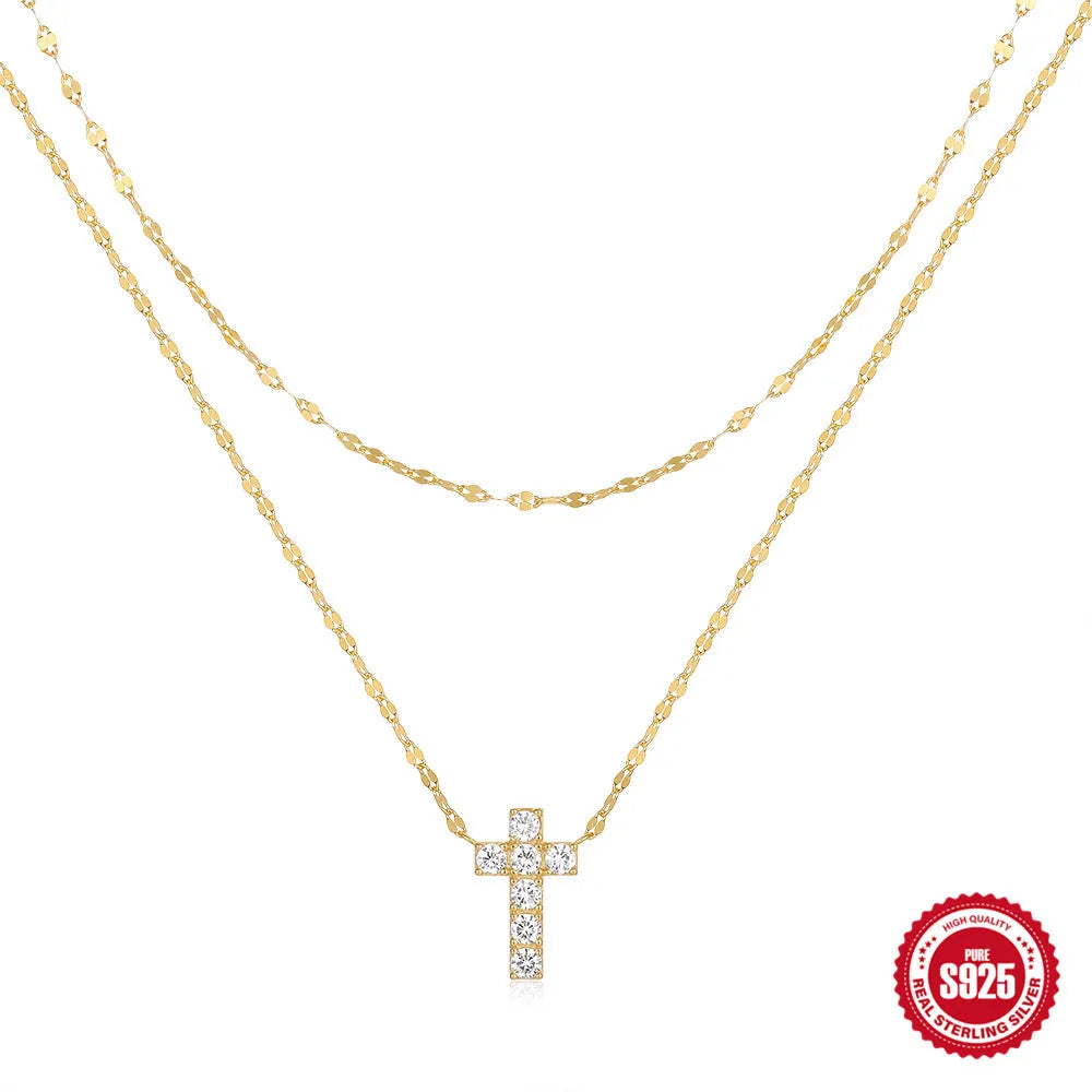 S925 sterling silver double-layer cross pendant necklace with twin diamonds on a clavicle chain.