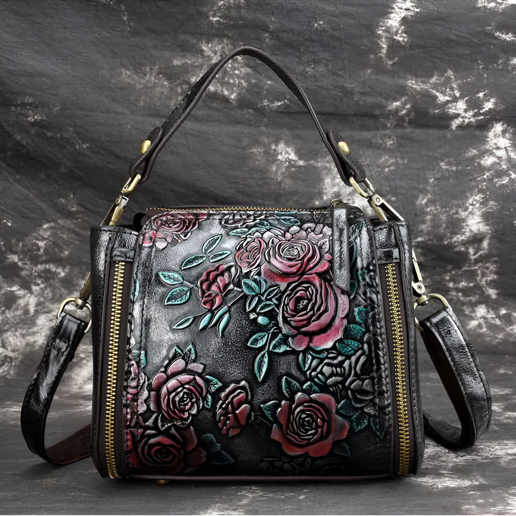 Genuine leather square women's shoulder bag with contrast lining and multiple internal compartments