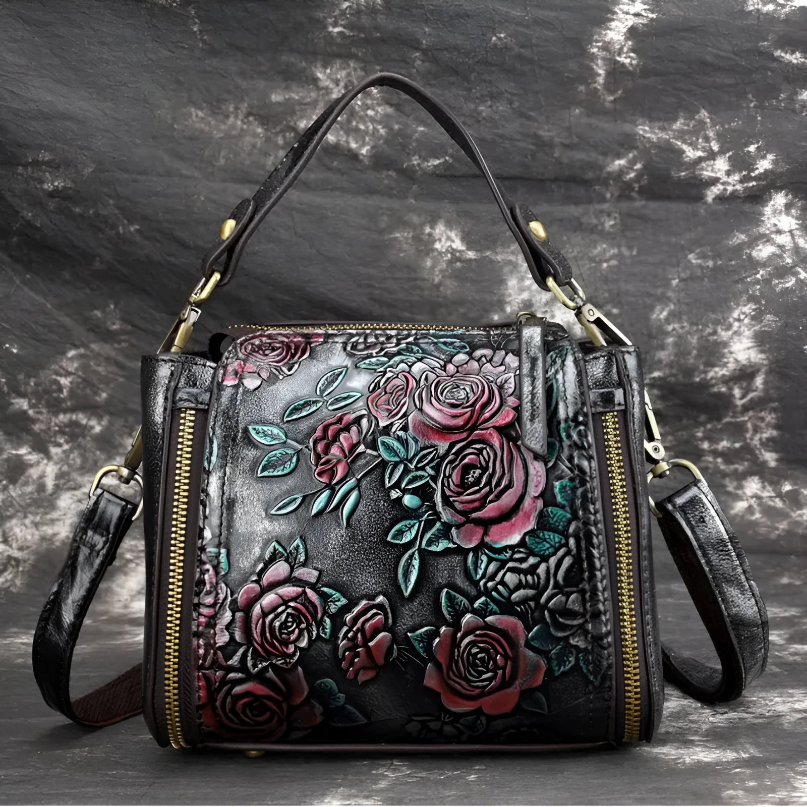 Genuine leather square women's shoulder bag with contrast lining and multiple internal compartments