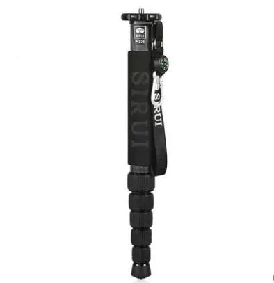 Black carbon fibre SLR camera monopod with telescoping legs extended.
