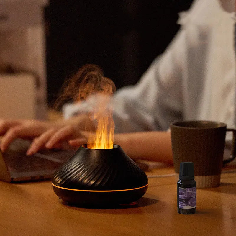 Volcanic flame aroma diffuser with LED lights and water mist emission