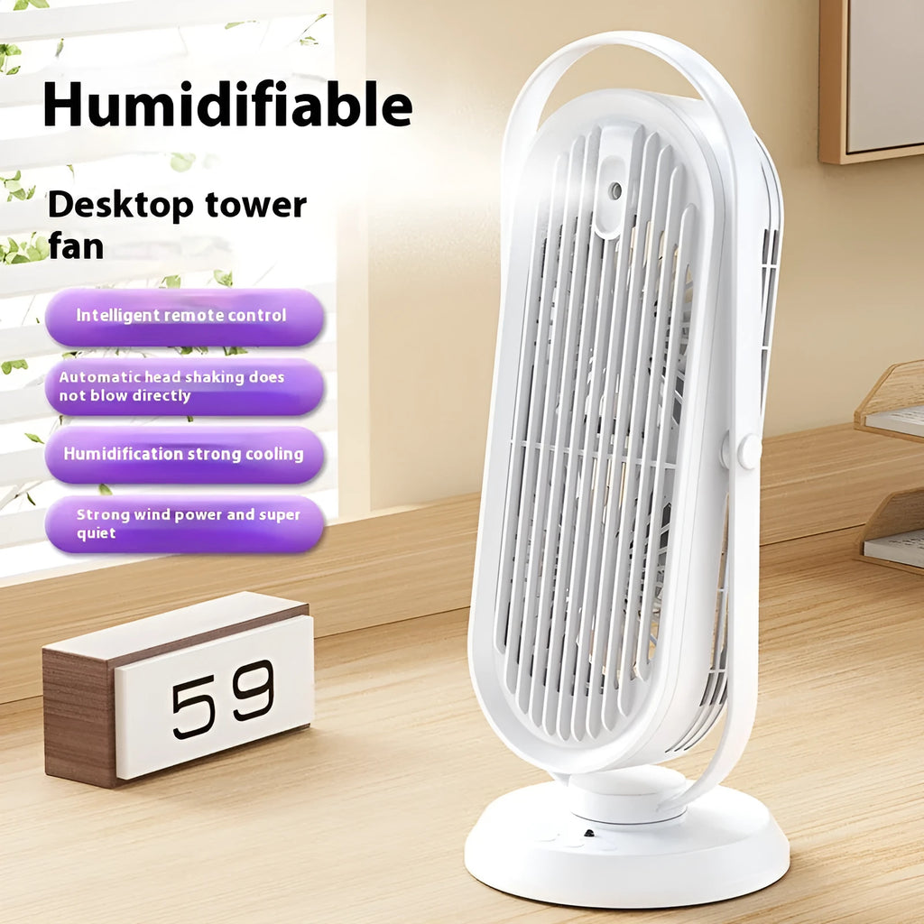 Desktop USB tower fan with remote control and humidifier spray function in dark blue colour.