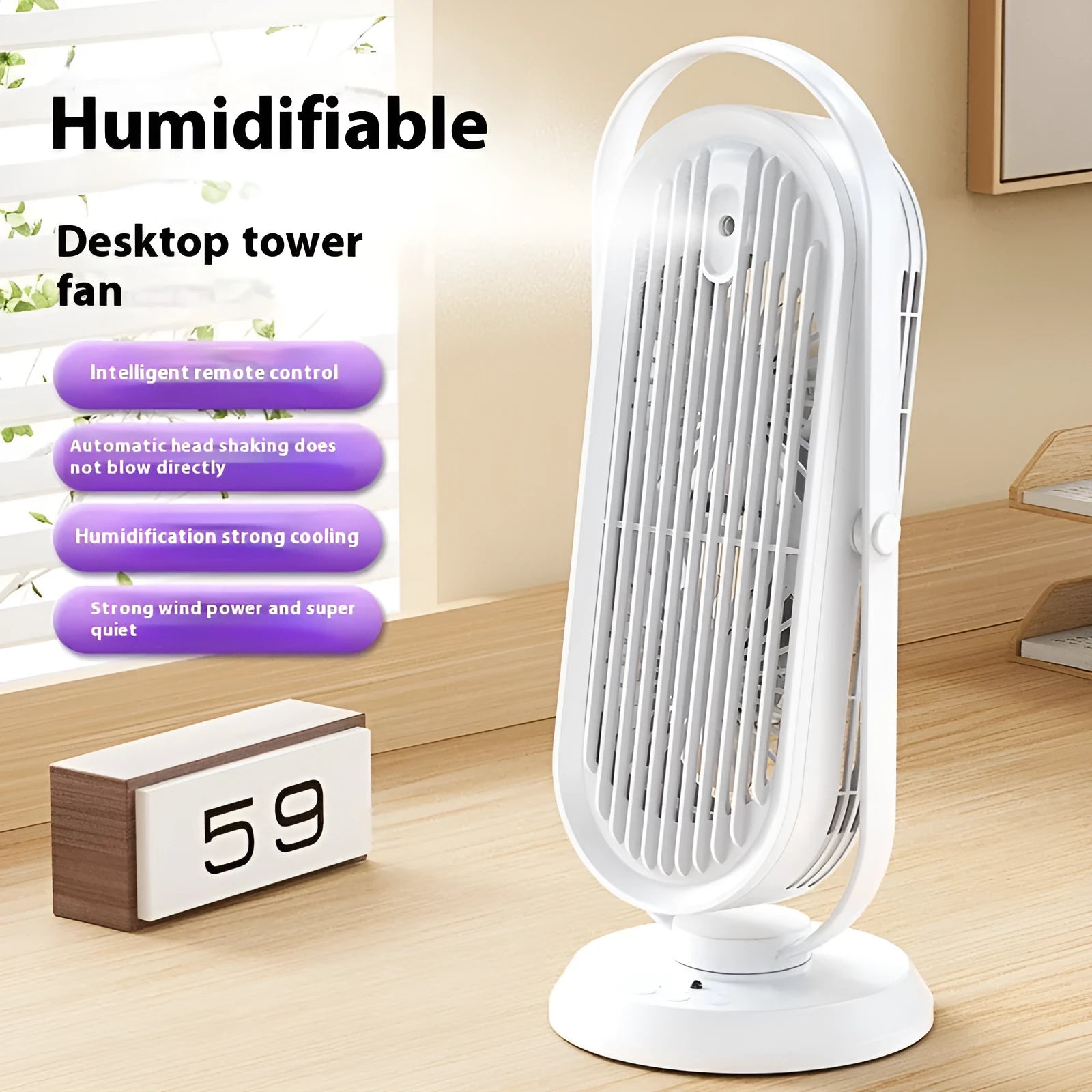 Desktop USB tower fan with remote control and humidifier spray function in dark blue colour.