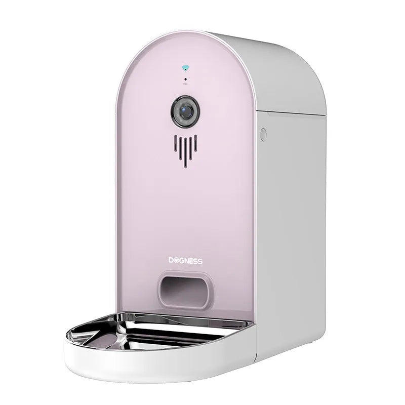 Smart automatic pet feeder with remote monitoring in Barbie pink and ivory white colour.