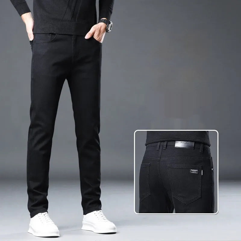 Men's stretch slim straight jeans cotton non-iron zipper fly two colours straight-leg style