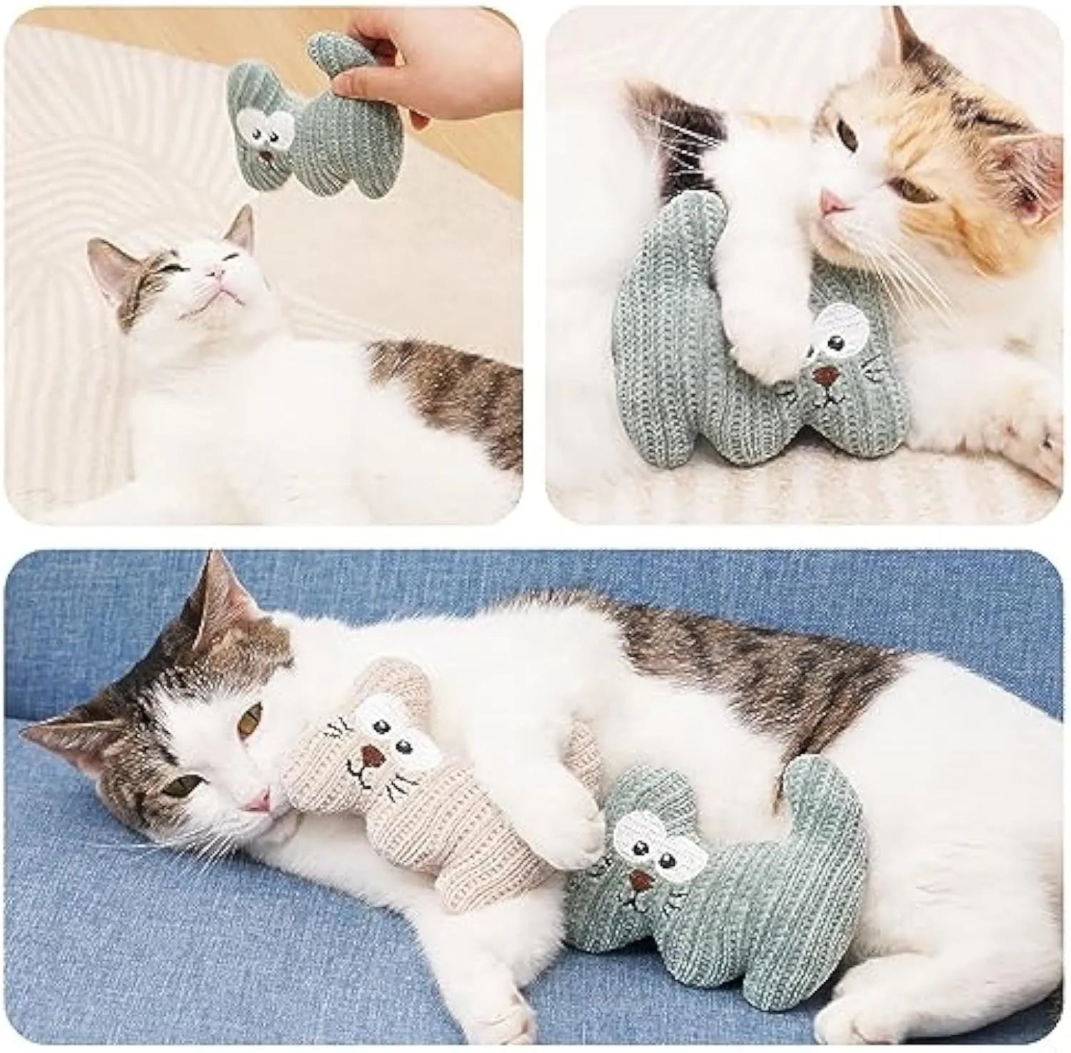 Catnip plush rope toy for cats with bell inside, cyan and light coffee colours