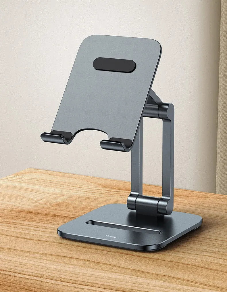 Deep space grey aluminium folding stand supporting a tablet at an angle