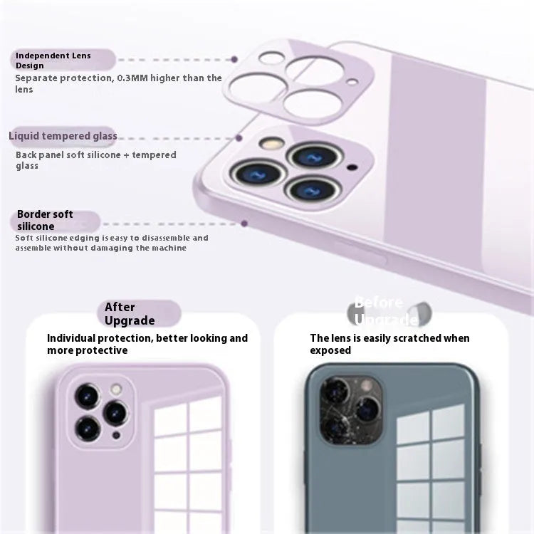 Liquid silicone glass phone case with embossed back cover in black for iPhone